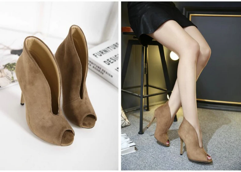 Women's Boots' Office Lady Spring Slip-on Brown Ankle Boots For Women Super High Heels Lady Ankle Boots Open Toe Autumn Winter (13)