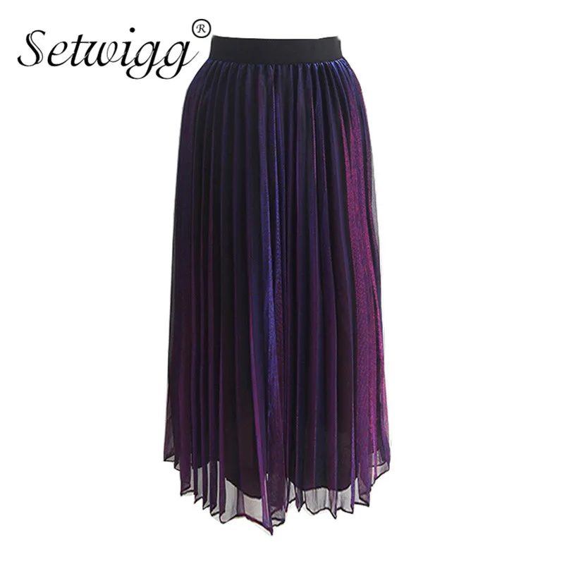 

Metallic Gradient Purple A-line Gauze Pleated Long Skirts Elastic Waist Golden Changeable Color Mesh Mid-calf Pleated Skirts