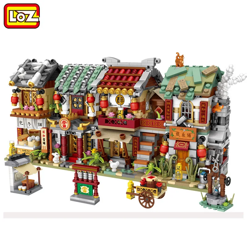 

LOZ mini new street view China Street Bakery shop pawn shop bar blacksmith shop building blocks for children gifts