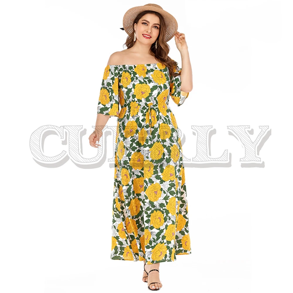 CUERLY Off shoulder floral print plus size holiday dress women Summer boho lace up long vestidos Casual elegant beach dresses 
CUERLY Off shoulder floral print plus size holiday dress women Summer boho lace up long vestidos Casual elegant beach dresses
