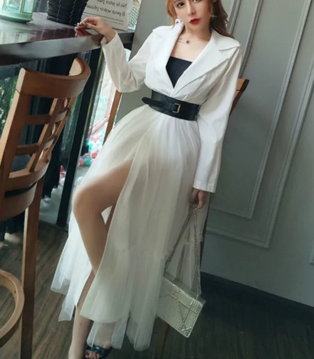 2019 Spring Women Suit Collar Suit Dresses Lady Long Sleeve Notched Neck Dresses Women Mesh Patchwork Dress with Leather Band
2019 Spring Women Suit Collar Suit Dresses Lady Long Sleeve Notched Neck Dresses Women Mesh Patchwork Dress with Leather Band