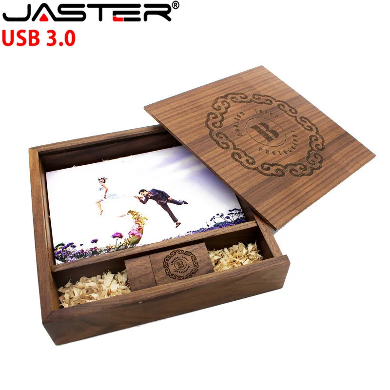 

JASTER walnut wooden photo album usb flash drive pendrive 4GB 8GB 16GB 32GB 64GB photography gift video box free customer LOGO