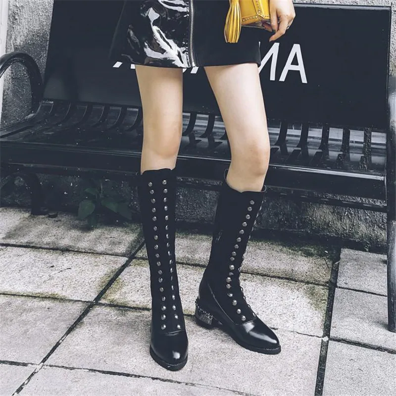 Women Boots Plus Size Med Square Heel Round Toe Knee-High Zip Woman Shoes Winter Boot