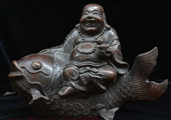 14" Old China Buddhism Pure Bronze Ride Fish Happy Laugh Maitreya Buddhas Statue
14" Old China Buddhism Pure Bronze Ride Fish Happy Laugh Maitreya Buddhas Statue