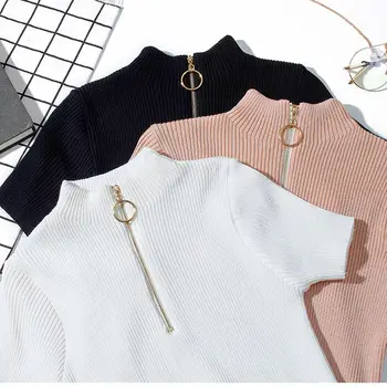 2019 Summer solid knit T Shirt Women Casual Short Sleeves Top basic Slim knitted T shirt Female Fake Zippers T-shirt G383
2019 Summer solid knit T Shirt Women Casual Short Sleeves Top basic Slim knitted T shirt Female Fake Zippers T-shirt G383