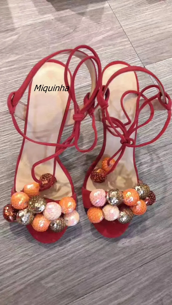 Classy Red Suede Stiletto Heel Lace Up High Heels Sexy Slingback Band-let Open Toe Sandals Pretty Glittery Bobbles Dress Sandals