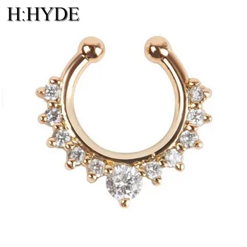 H:HYDE Top quality hot sale fake septum crystal clicker Fake nose Ring Piercing faux Body jewelry Hoop For Women Septum Clip non