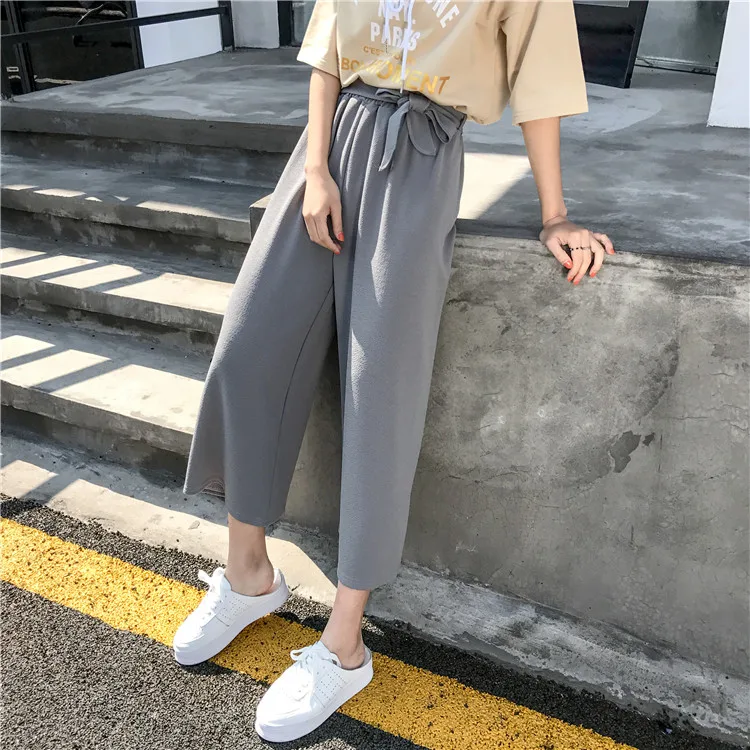 Plus Size - Casual Elastic Waist Loose Wide Leg Pants Preppy Style Trousers Female Palazzo Pants (Us 18W-20W)