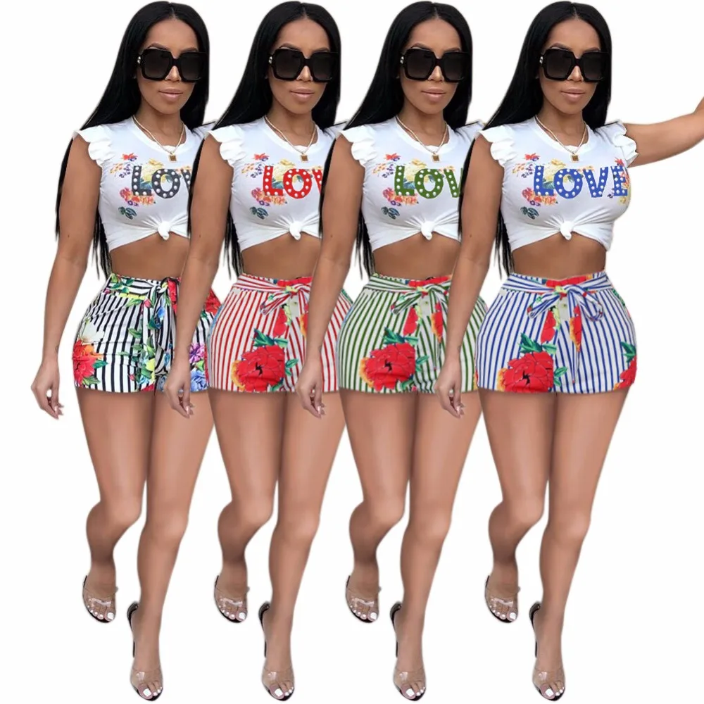 New 2018 Summer Sexy 2 Piece Set Floral Striped Love Letter Short Sleeve Tops and Drawstring Shorts Skinny Women Set Clubwear
New 2018 Summer Sexy 2 Piece Set Floral Striped Love Letter Short Sleeve Tops and Drawstring Shorts Skinny Women Set Clubwear