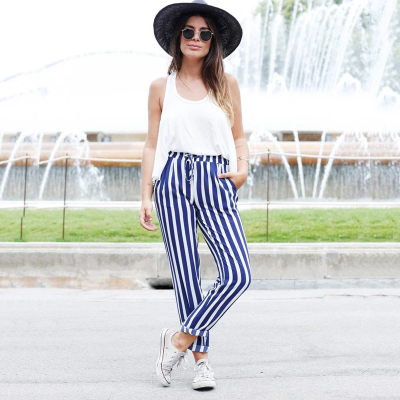 2019 Spring New Fashion Women Casual Pants Pockets Belt Ladies Long Length Trousers High Waist Female Harem Blue Striped Pants
2019 Spring New Fashion Women Casual Pants Pockets Belt Ladies Long Length Trousers High Waist Female Harem Blue Striped Pants