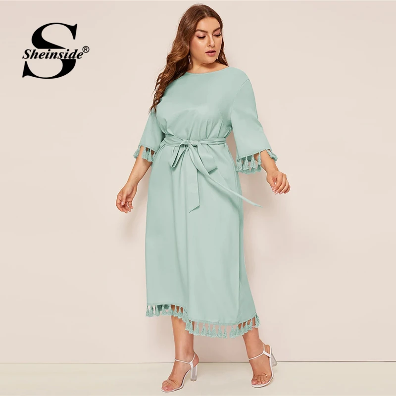 

Sheinside Plus Size Elegant Fringe Detail Midi Dress Women 2019 Spring 3/4 Sleeve Belted Dresses Ladies Solid Straight Dress