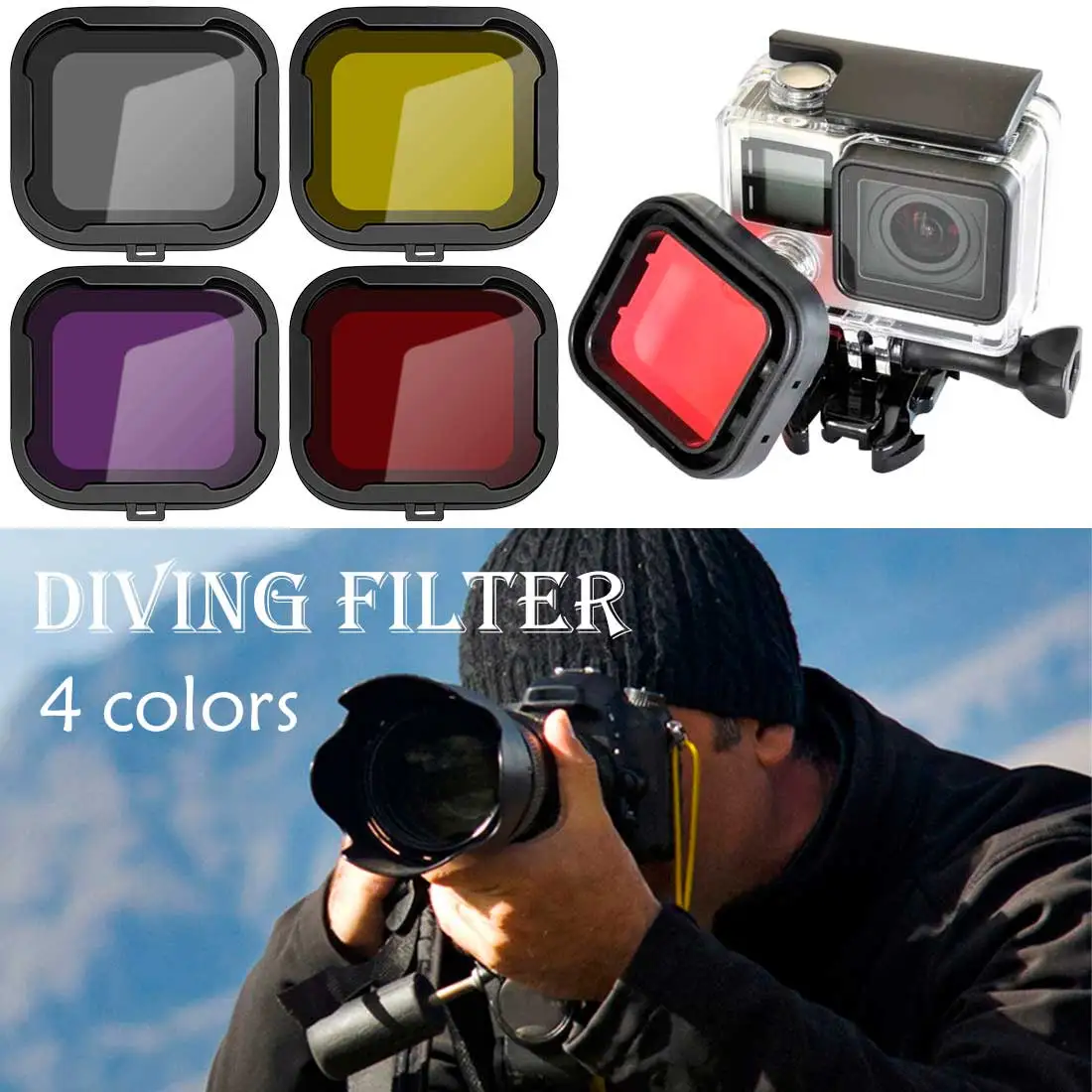 

Waterproof Case Lens Filters For GoPro Hero 4 3+/4 Black Gray Action Camera Red Filter For gopro hero4/hero3+ Diving Accessory