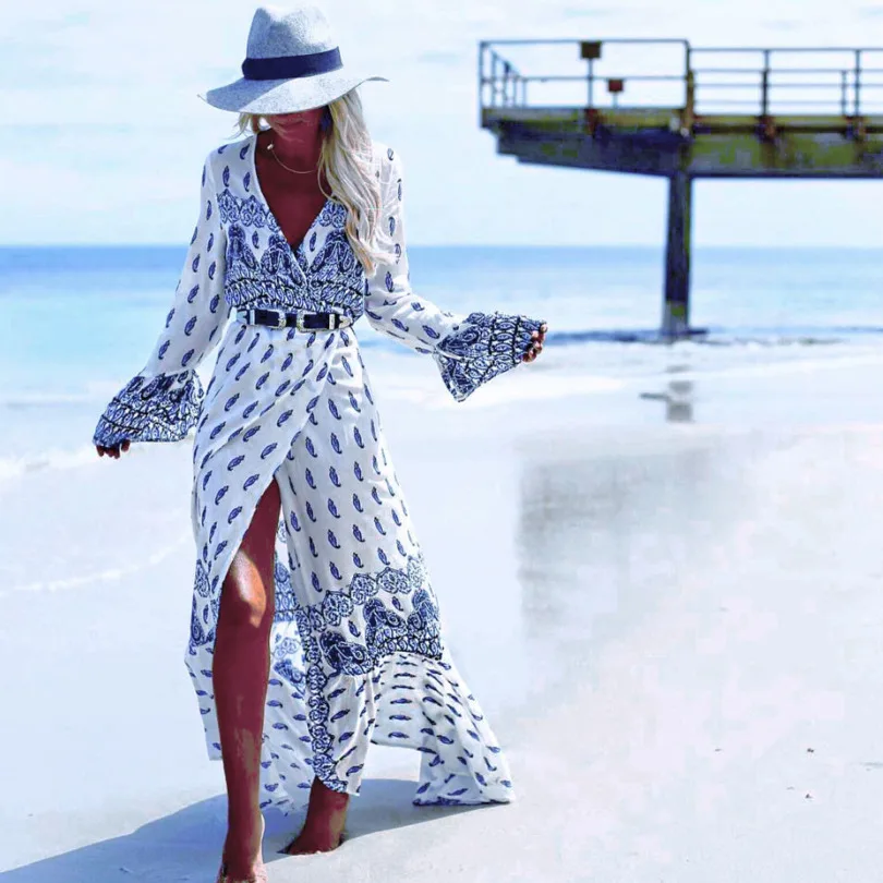 Autumn Summer Bohomian Dress Women Flare Sleeve Print Beach Dress V-neck Floor-Length White Boho Loose Dress
Autumn Summer Bohomian Dress Women Flare Sleeve Print Beach Dress V-neck Floor-Length White Boho Loose Dress
