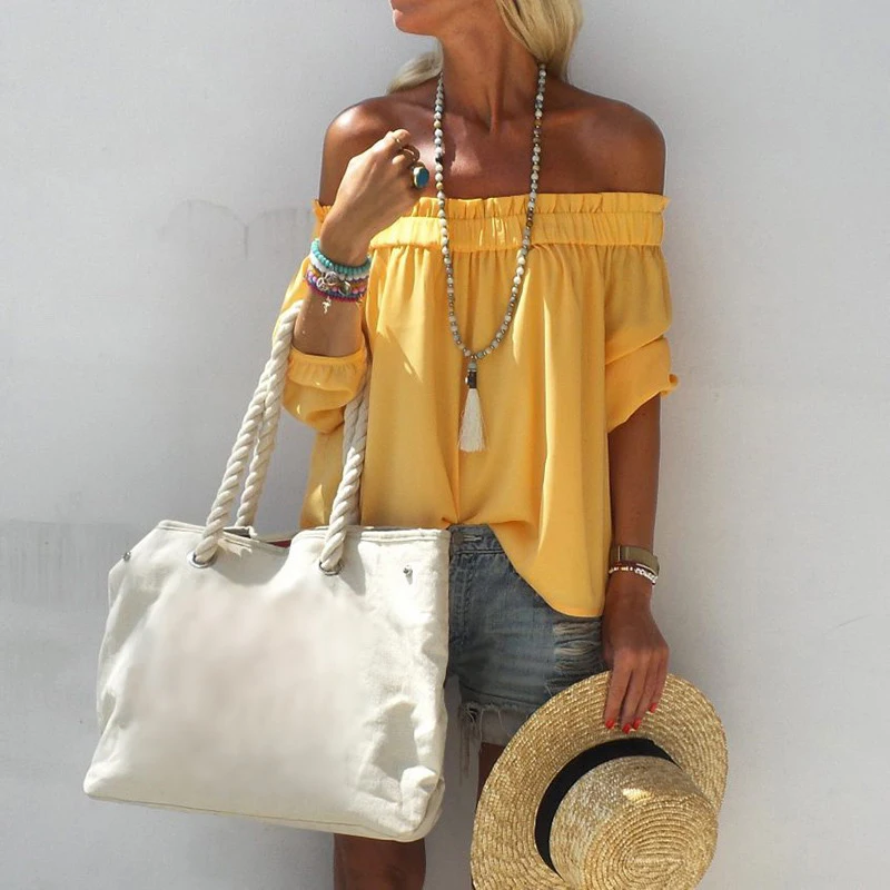 Umeko Off Shoulder Blouse Salsh Neck Short Sleeve Pleated Shirt Solid Color Casual Loose Tops 2019 Summer Chiffon Blusas
Umeko Off Shoulder Blouse Salsh Neck Short Sleeve Pleated Shirt Solid Color Casual Loose Tops 2019 Summer Chiffon Blusas
