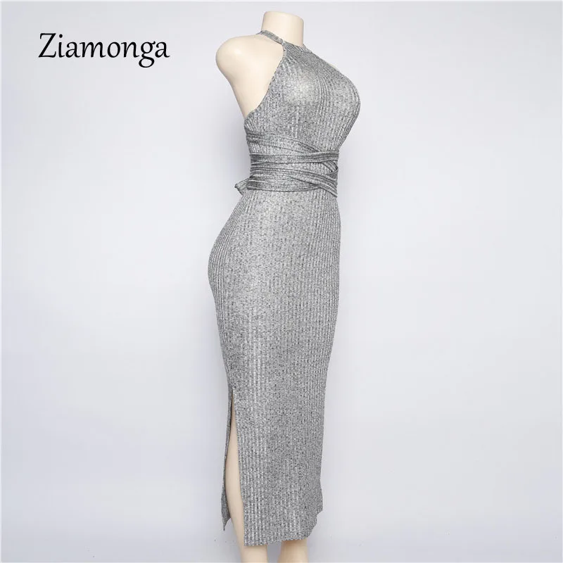 light grey  Off Shoulder Split Bodycon Knitted Dress  