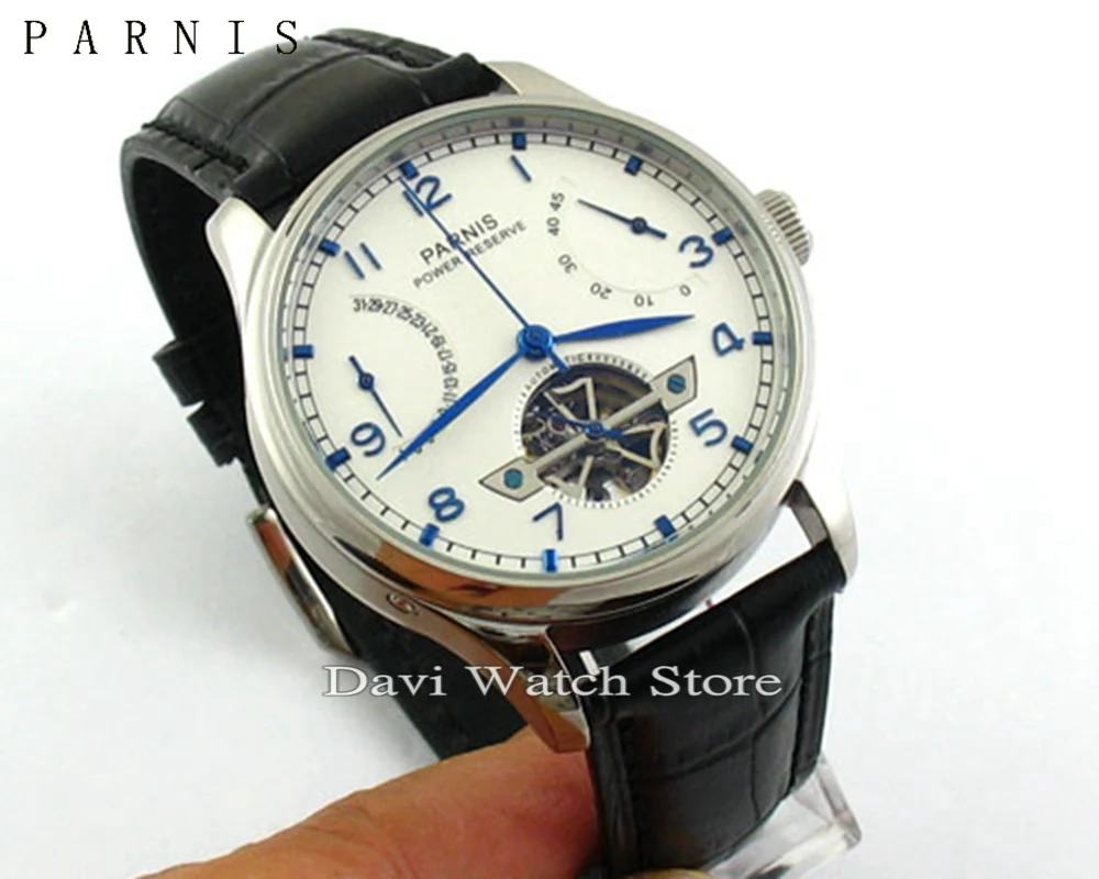 Parnis 43mm White dial stainless steel case Date Power Reserve Chronometer Automatic mens Watch