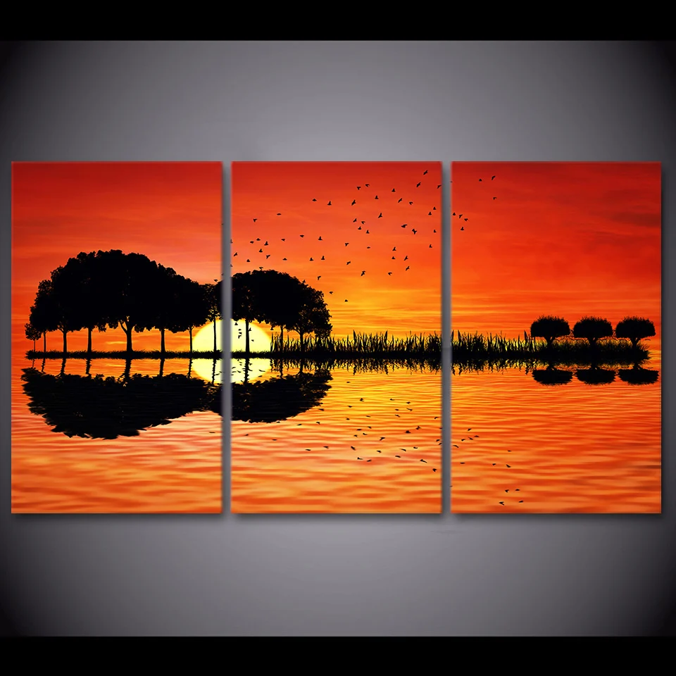 Фото Tableau Decoration Murale Guitar Tree Lake Sunset Painting 3 Piece Canvas Wall Art HD Printed Room Decor Print Poster Picture | Дом и сад