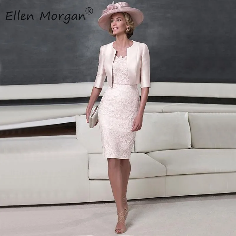 Nude Lace Knee Length Mother of the Bridal Groom Dresses with Jacket Satin Sheath Fashion for Wedding Party Gowns 2019
Nude Lace Knee Length Mother of the Bridal Groom Dresses with Jacket Satin Sheath Fashion for Wedding Party Gowns 2019