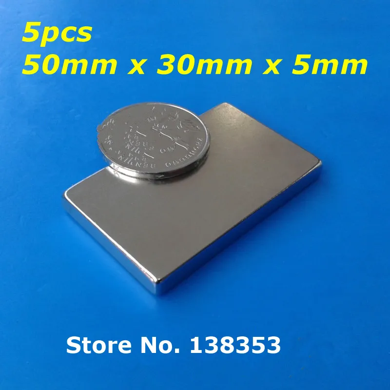 Wholesale 5pcs Super Strong Neodymium Rectangle Block Magnets 50mm x 30mm x 5mm N35 Rare Earth NdFeB Cuboid Magnet