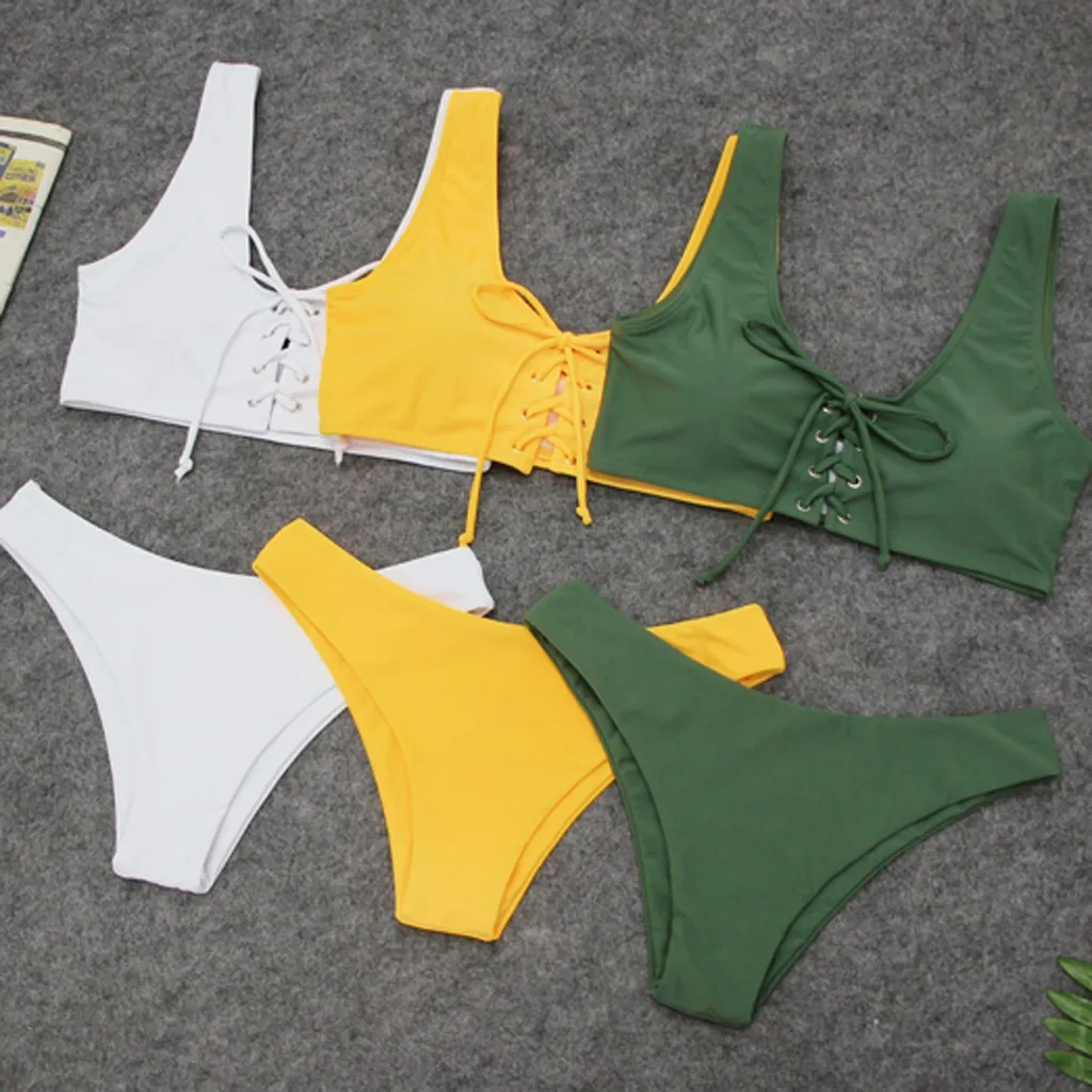 Sexy Women's Two Piece Solid Green Yellow Baddage Split Swimsuit Brief Bikini Filled Bra Beachwear Multicolor Beach Bathing Suit
Sexy Women's Two Piece Solid Green Yellow Baddage Split Swimsuit Brief Bikini Filled Bra Beachwear Multicolor Beach Bathing Suit