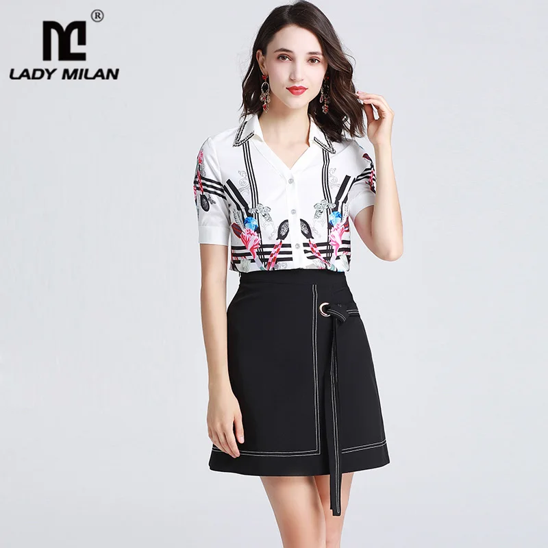 Women's Runway Designer Twinsets Turn Down Collar Beaded Short Sleeves Printed Shirts with Lace Up Skirts Two Piece Dresses Sets
Women's Runway Designer Twinsets Turn Down Collar Beaded Short Sleeves Printed Shirts with Lace Up Skirts Two Piece Dresses Sets