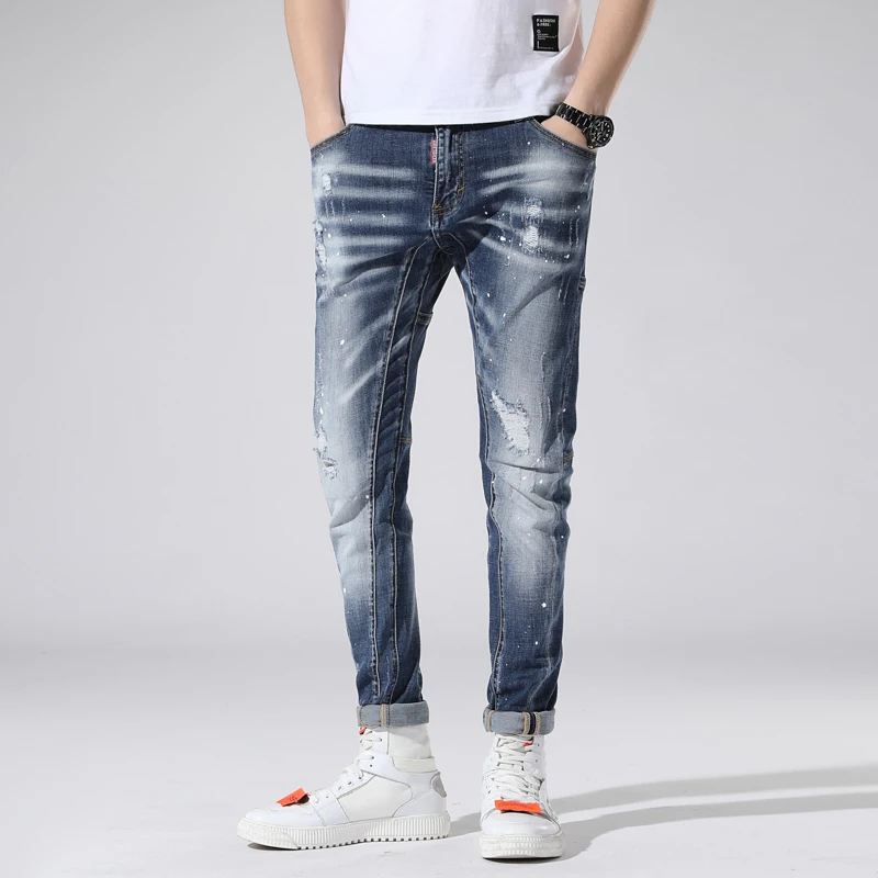 New Torn ripped jeans for men spliced skinny blue mens jeans elastic stretch slim pants clothes hip hop streetwear Spring Summer
New Torn ripped jeans for men spliced skinny blue mens jeans elastic stretch slim pants clothes hip hop streetwear Spring Summer