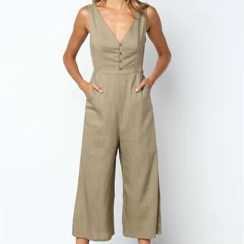 Summer Fashion Jumpsuit Ankle-length Pure Cotton Cloth Deep V-neck Button Decoration Sleeveless Solid Color Loose Type Pants
Summer Fashion Jumpsuit Ankle-length Pure Cotton Cloth Deep V-neck Button Decoration Sleeveless Solid Color Loose Type Pants