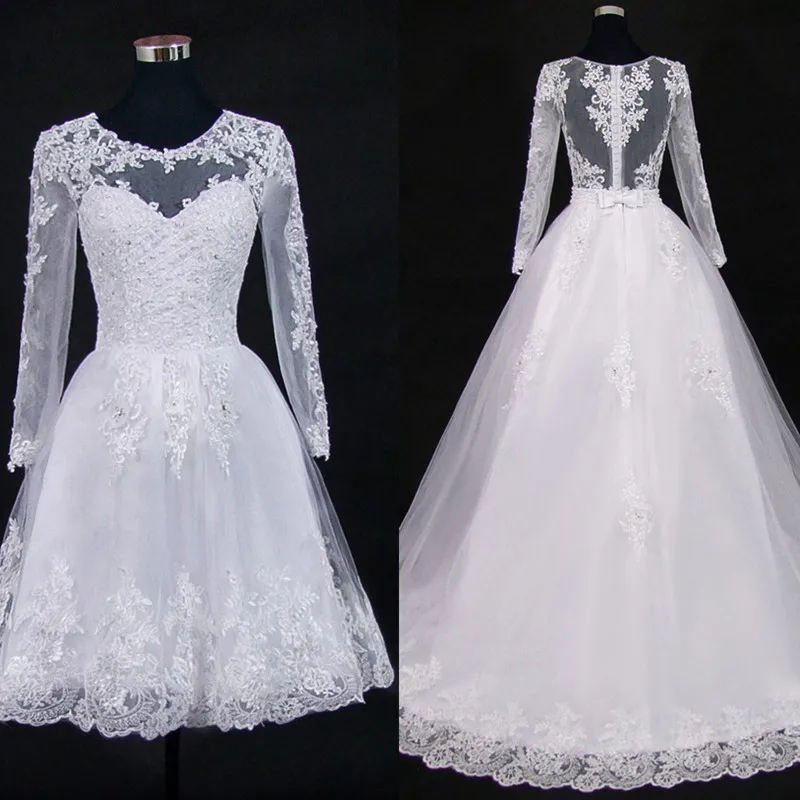 

Detachable Train Lace Appliques Pearls 2 in 1 Wedding Dresses Bridal Gowns 2 en 1 Vestido De Noiva Illusion