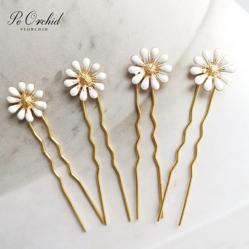 PEORCHID Daisy Flower Wedding Hairpins Accesorios Cabello Boda Prom Headpiece Hair Sticks Gold Bridal Headdress Fashion Jewelry | Украшения