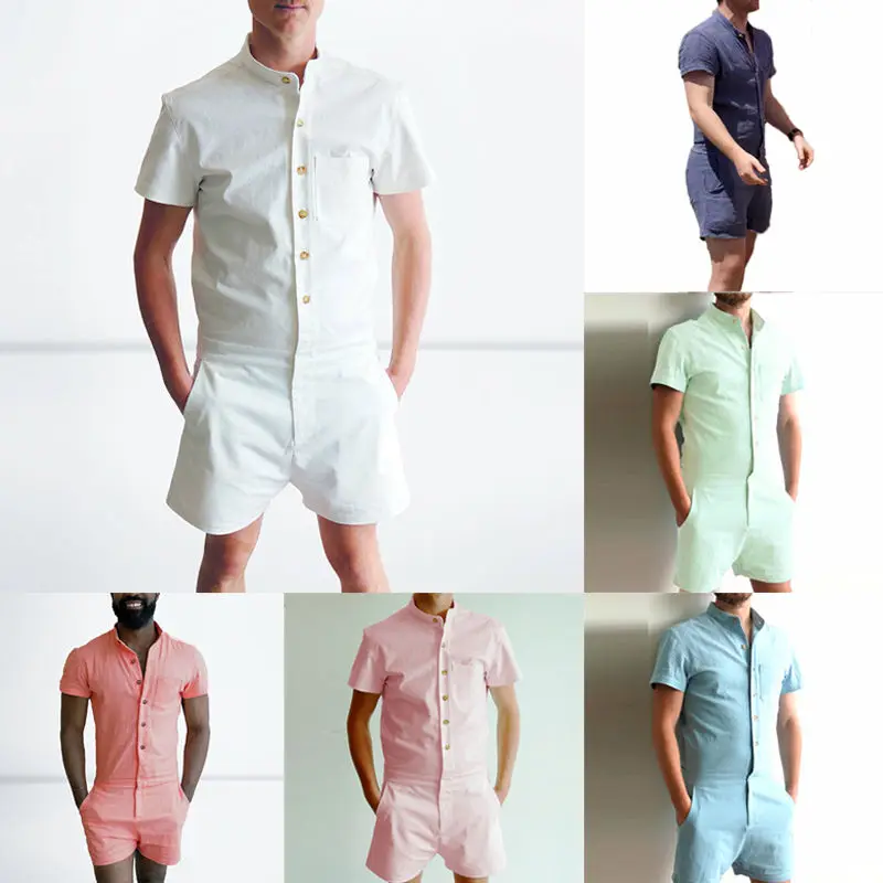Mens One-Piece Cotton Blend Jumpsuits Short Sleeve Cargo Work Pants Summer Coat