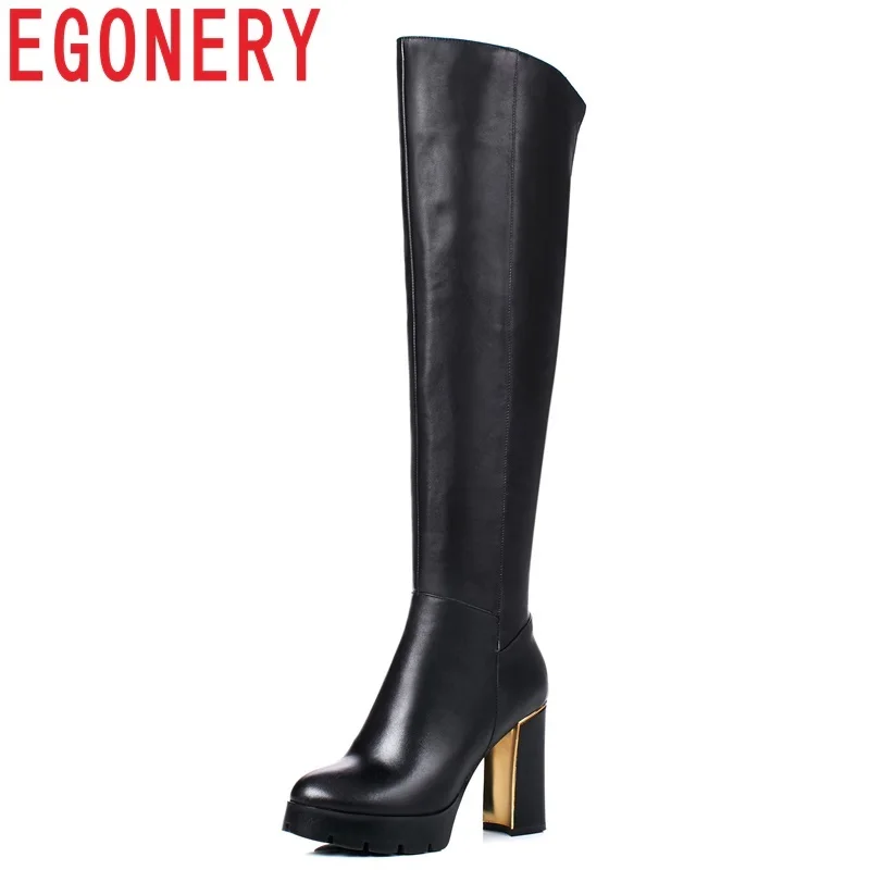 

EGONERY Handmade genuine leather 9cm super high hoof heels platform outside winter fashion Over-the-Knee Motorcycle Riding boots