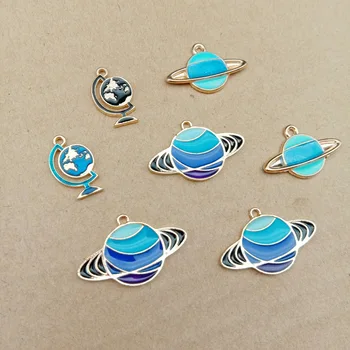 

Newest 60pcs/Lot Kawaii Saturn Shape Enamel Alloy Charms Gold Tone Plated Drip Oil Earth globe DIY Bracelet Necklace Keyrings