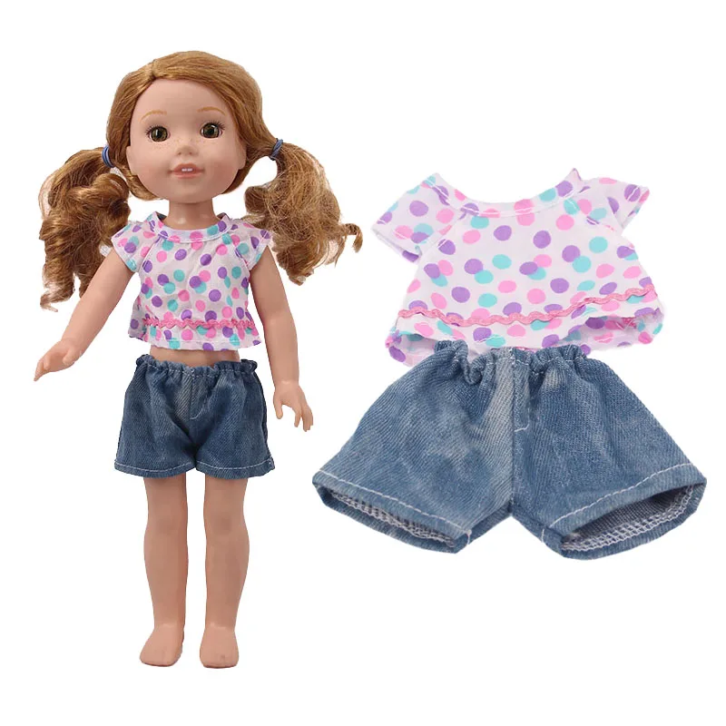 Cute little fresh multicolored polka dot T-shirt + shorts two-piece set for a 14.5-inch American doll
Cute little fresh multicolored polka dot T-shirt + shorts two-piece set for a 14.5-inch American doll