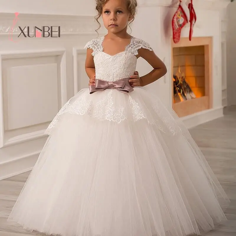Princess Ball Gown Lace Flower Girl Dresses Big Sash Floor Length Girls Pageant First Communion | Свадьбы и торжества