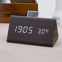 Wooden Triangle Classic Sound Acoustic Control Car Electronic Thermometer Watch Time Temperature Led Clock image