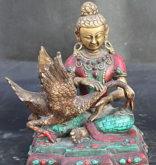

9"Tibet inlay Turquoise Coral Bronze Gilt White Tara Kwan-yin Buddha Duck Statue R0709 Discount 35%