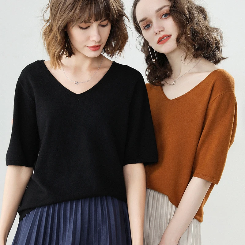 2019 Women's Cashmere V Neck Short Sleeve Knitted Pullover Tee Base T Loose Wool Cashmere Sweater Plus Size Women Jumper
2019 Women's Cashmere V Neck Short Sleeve Knitted Pullover Tee Base T Loose Wool Cashmere Sweater Plus Size Women Jumper