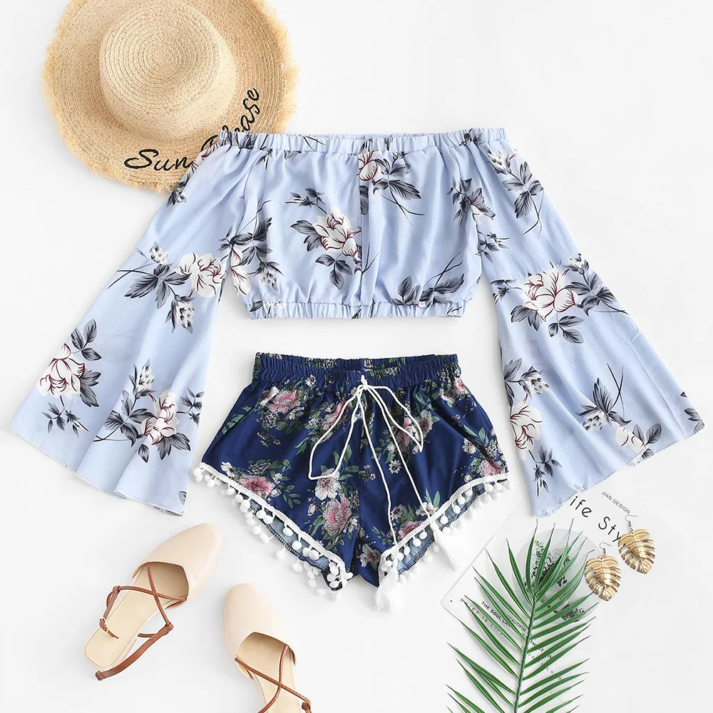 ZAFUL Women's Sets Flare Sleeves Floral Print Top And Pompoms Shorts Set Summer Beach Two Pieces Set Women Suit Off Shoulder Top
ZAFUL Women's Sets Flare Sleeves Floral Print Top And Pompoms Shorts Set Summer Beach Two Pieces Set Women Suit Off Shoulder Top