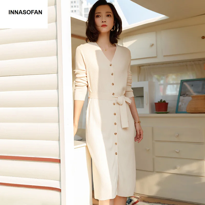 INNASOFAN Spring-summer dress knitted dress in solid color Euro-American fashion elegant dress with long sleeves and V-collar
INNASOFAN Spring-summer dress knitted dress in solid color Euro-American fashion elegant dress with long sleeves and V-collar