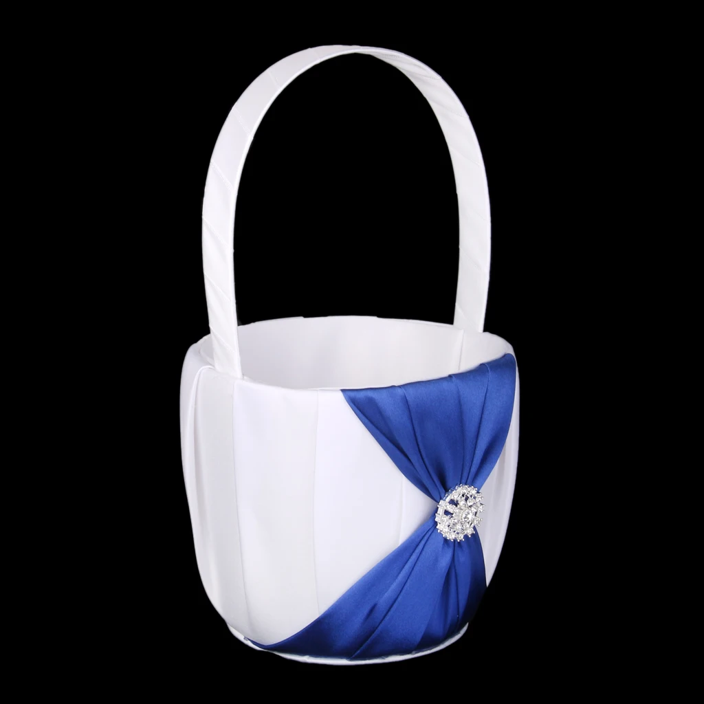 White Wedding Flower Girl Basket With Royal Blue Satin Diamante Bowknot Flower Pots