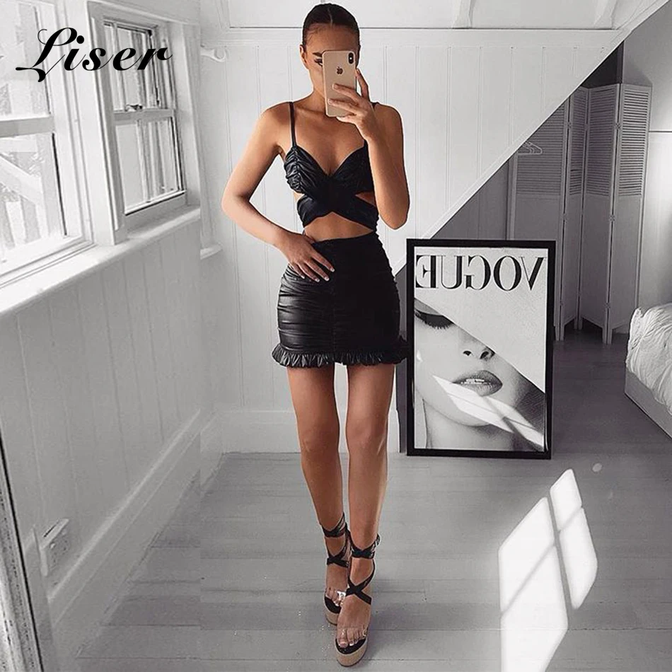 Liser 2019 New Spring Women Dress Strapless Hollow Out PU Sexy Bodycon Chic Evening Party Black Dresses Vestidos Wholesale | Женская