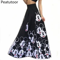 2018 Fashion Maxi Long Skirt Floor Length Ladies Elastic High Waist Muslim Skirts Women Mickey Printed Boho Vintage Midi Skirt image