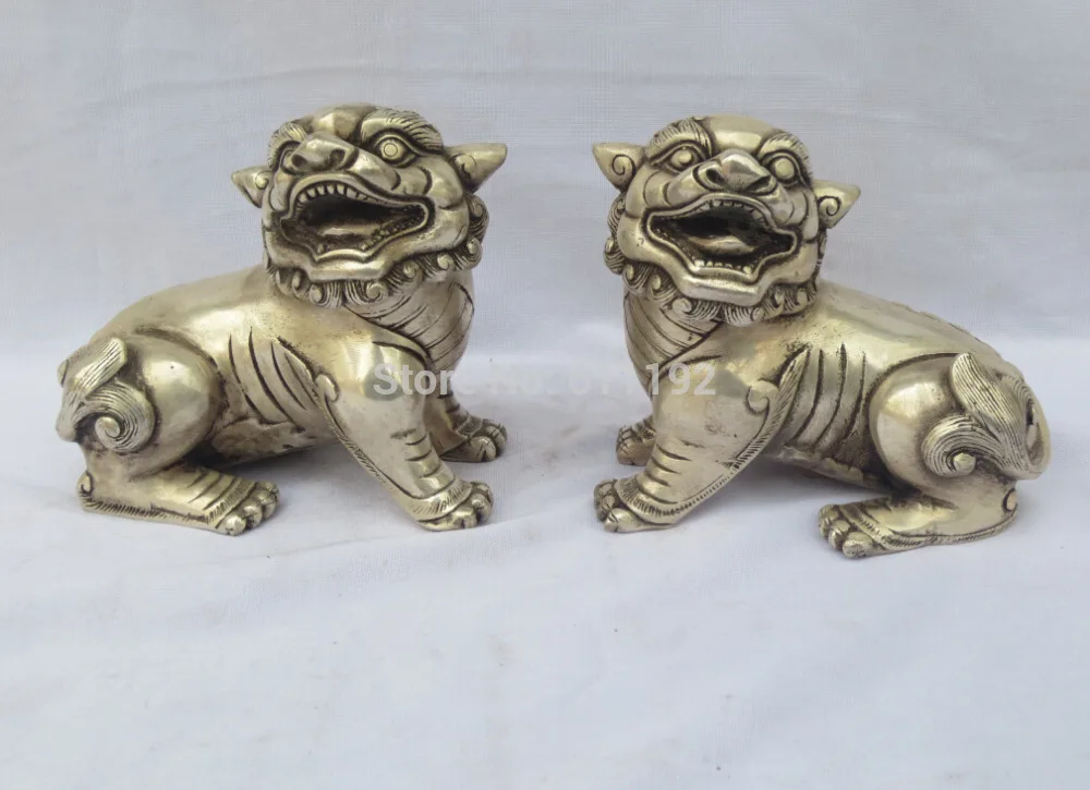 A pair Asian Tibet silver FengShui decoration Fu foo dog statue, Animal Sculpture Metal crafts