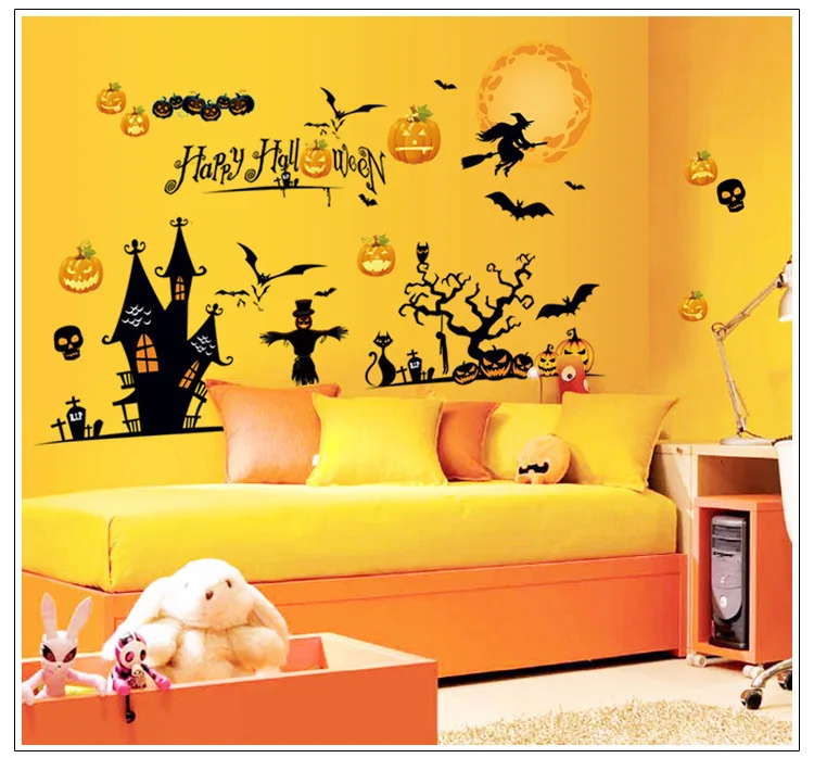 

Happy Halloween Wall Sticker Black Orange Bedroom Wall Black 3D DIY PVC Wall Sticker Decal Home All Saints' Day Decor Supply