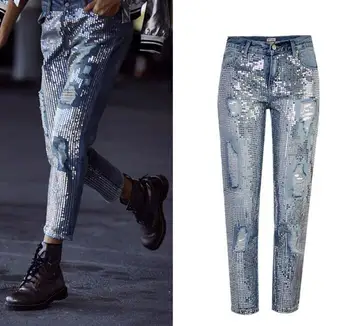 European&American sequins ripped Jeans Fashion women straight-leg ninth denim pants
European&American sequins ripped Jeans Fashion women straight-leg ninth denim pants