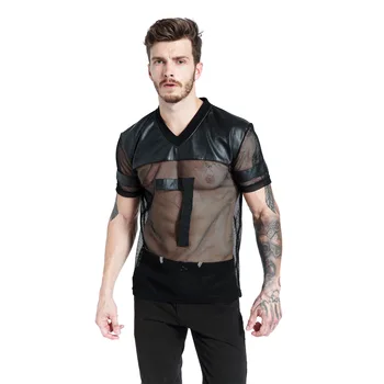 Men's sexy mesh black PU patchwork t shirt tops sexy club dance tee gay dress leather mesh see through t-shirt camisetas hombre
Men's sexy mesh black PU patchwork t shirt tops sexy club dance tee gay dress leather mesh see through t-shirt camisetas hombre