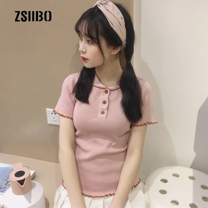 Japanese cute short-sleeved summer knit women fashion casual button fashion Harajuku Turn-down Collar Preppy Style T-shirt tops
Japanese cute short-sleeved summer knit women fashion casual button fashion Harajuku Turn-down Collar Preppy Style T-shirt tops