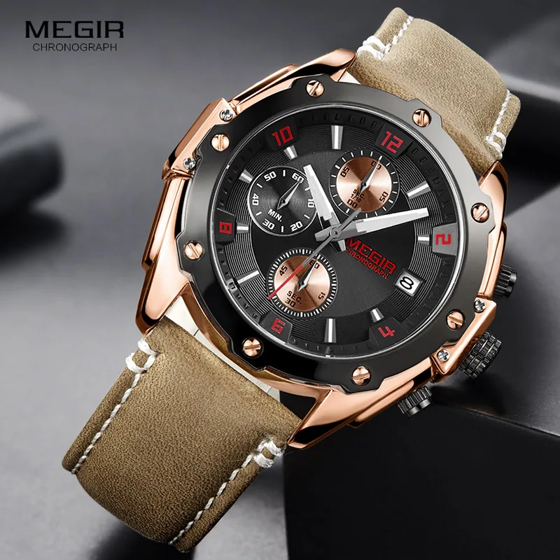 

MEGIR Men Watch Brown Chronograph Quartz Watches Relogio Masculino Leather Military Watch Clock Men Erkek Kol Saati ML2074