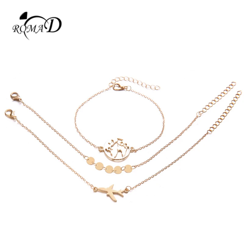 Romad Bracelet European and American Bohemian aircraft map charm three sets of women's multi-layer gold chain
Romad Bracelet European and American Bohemian aircraft map charm three sets of women's multi-layer gold chain