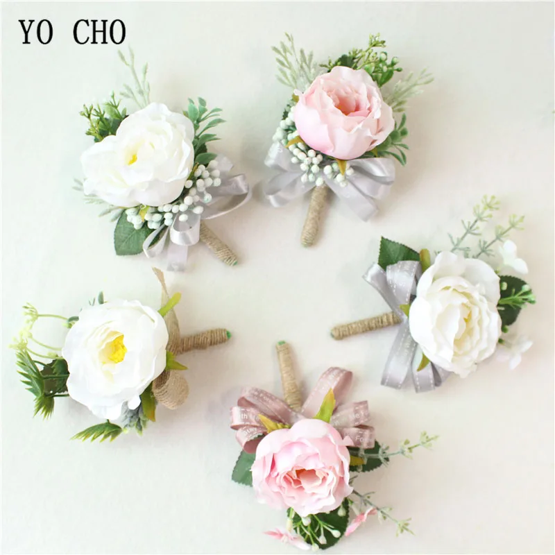 

YO CHO Wedding Rose Boutonniere Bride Wrist Corsage White Pink Flower Bridegroom Wedding Meeting Party Unique Personal Adornment